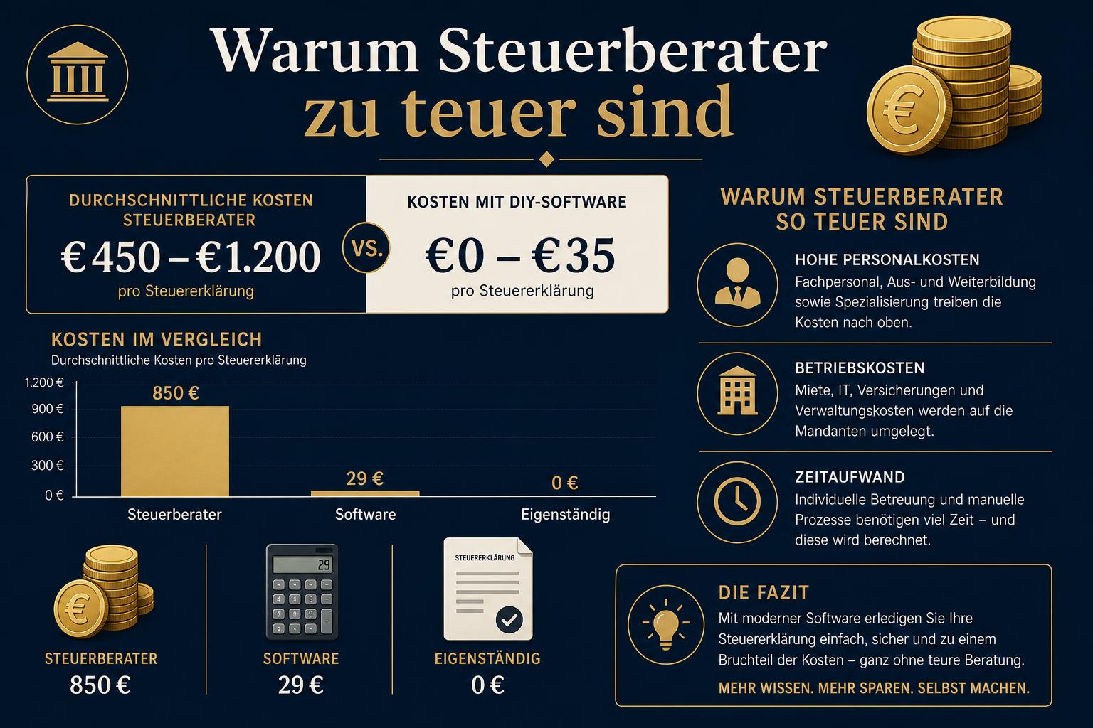 Warum Steuerberater zu teuer sind – Kostenvergleich 2026 Infografik: Warum Steuerberater zu teuer sind – Kostenvergleich 850 € Steuerberater vs. 29 € Software vs. 0 € Eigenständig